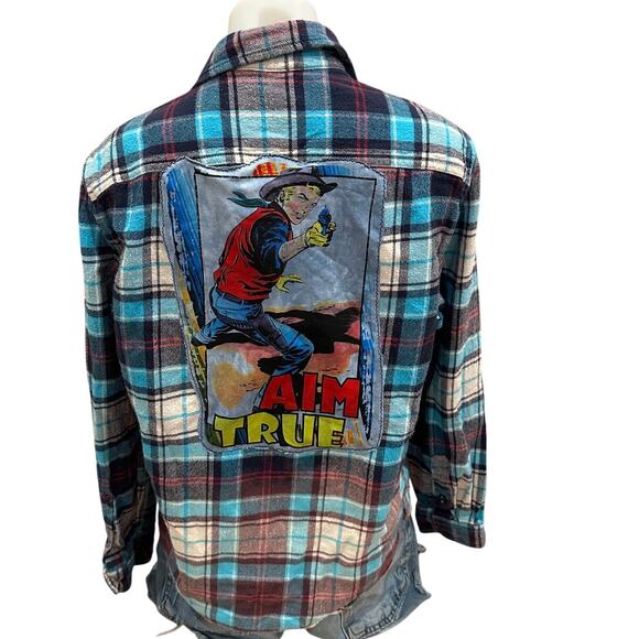 Retro Cowboy Plaid Flannel Shirt MEDIUM Cowgirl Unique Western Oversized Upcycle - Picture 1 of 6